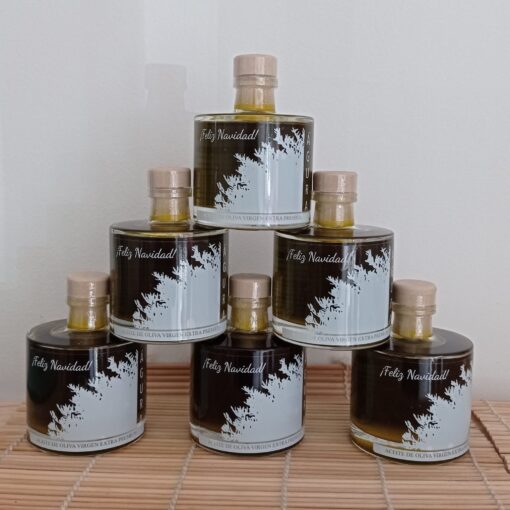 Botellas de aceite de oliva virgen extra Feliz Navidad